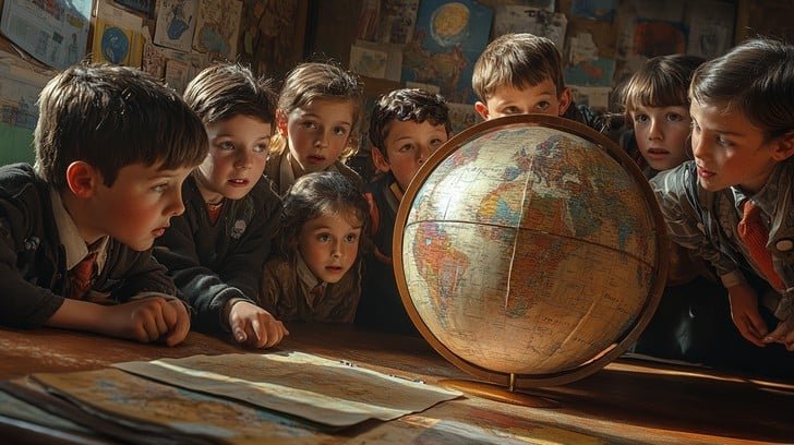 Students looking at a globe
